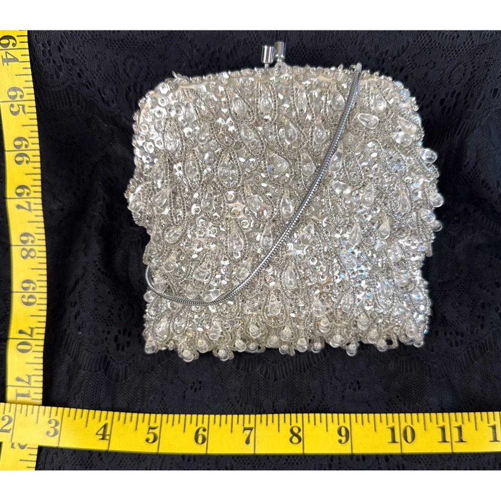 Handmade Hong Kong Beaded Evening Bag Silver Pearl Sequin Kiss Lock Bridal Purse